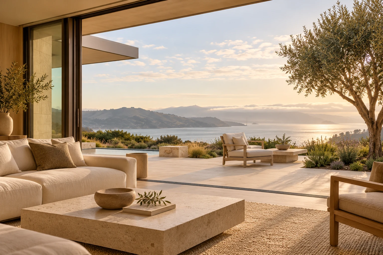 Conceptual residence opening onto a coastal landscape, with natural materials and indoor-outdoor living spaces
