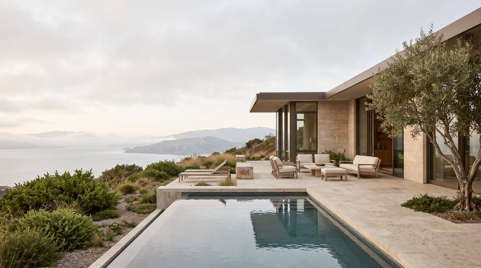 A stone-clad modern residence with an olive tree and a terrace of pale outdoor furniture beside a reflecting pool, overlooking the Bay and coastal hills beneath a soft overcast sky.